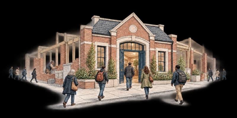 People walking towards the open doors of a brick building, still being built around them: a political home for millions.